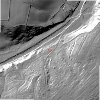 Shaded relief map of the ground around NE625NB, computed from Environment Agency LiDAR. The ground here sits at about 11 m above sea level and falls 38 m across the surrounding 800 m. Surface water reaching this point runs off ground lying to the south, 21.9 m higher.