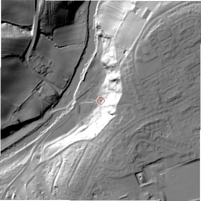 Shaded relief map of the ground around NE625ND, computed from Environment Agency LiDAR. The ground here sits at about 6 m above sea level and falls 33 m across the surrounding 800 m. Surface water reaching this point runs off ground lying to the east-north-east, 29.8 m higher.