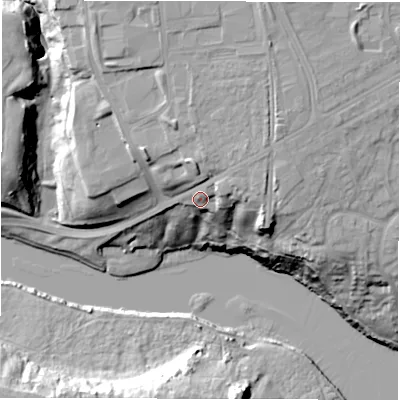 Shaded relief map of the ground around NE638TF, computed from Environment Agency LiDAR. The ground here sits at about 22 m above sea level and falls 28 m across the surrounding 800 m. Surface water reaching this point runs off ground lying to the north, 6.8 m higher.