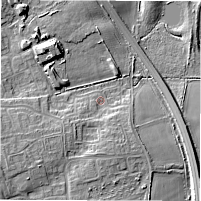 Shaded relief map of the ground around NE639JT, computed from Environment Agency LiDAR. The ground here sits at about 15 m above sea level and falls 15 m across the surrounding 800 m. Surface water reaching this point runs off ground lying to the south-west, 8.7 m higher.