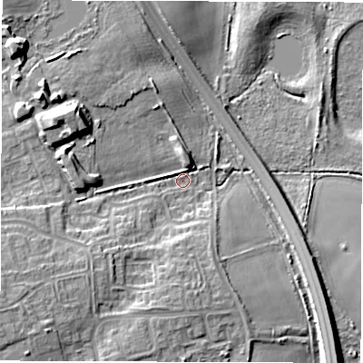 Shaded relief map of the ground around NE639JW, computed from Environment Agency LiDAR. The ground here sits at about 14 m above sea level and falls 16 m across the surrounding 800 m. Surface water reaching this point runs off ground lying to the south-west, 9.4 m higher.