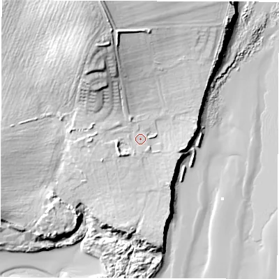 Shaded relief map of the ground around NE639YD, computed from Environment Agency LiDAR. The ground here sits at about 10 m above sea level and falls 28 m across the surrounding 800 m. Surface water reaching this point runs off ground lying to the south-west, 4.1 m higher.