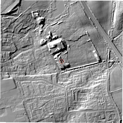 Shaded relief map of the ground around NE639ZH, computed from Environment Agency LiDAR. The ground here sits at about 18 m above sea level and falls 15 m across the surrounding 800 m. Surface water reaching this point runs off ground lying to the north-west, 3.4 m higher.