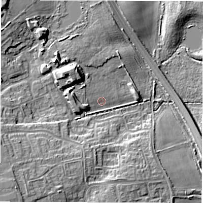 Shaded relief map of the ground around NE639ZJ, computed from Environment Agency LiDAR. The ground here sits at about 15 m above sea level and falls 15 m across the surrounding 800 m. Surface water reaching this point runs off ground lying to the north-west, 10.8 m higher.