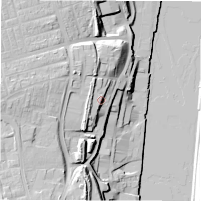Shaded relief map of the ground around NE63PJ, computed from Environment Agency LiDAR. The ground here sits at about 23 m above sea level and falls 31 m across the surrounding 800 m. Surface water reaching this point runs off ground lying to the west-south-west, 3.9 m higher.