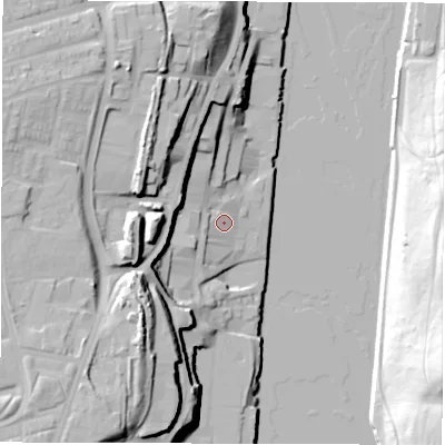 Shaded relief map of the ground around NE63QS, computed from Environment Agency LiDAR. The ground here sits at about 7 m above sea level and falls 30 m across the surrounding 800 m. Surface water reaching this point runs off ground lying to the west-south-west, 3.2 m higher.