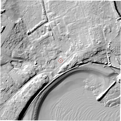 Shaded relief map of the ground around NE646AA, computed from Environment Agency LiDAR. The ground here sits at about 4 m above sea level and falls 16 m across the surrounding 800 m. Surface water reaching this point runs off ground lying to the west-south-west, 11.1 m higher.