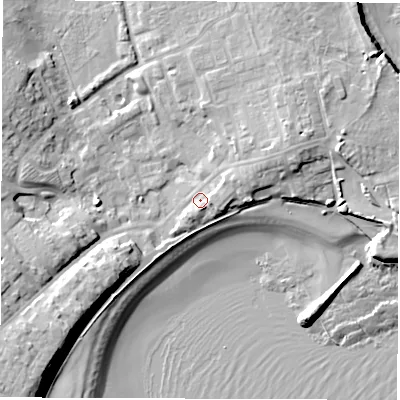 Shaded relief map of the ground around NE646AD, computed from Environment Agency LiDAR. The ground here sits at about 5 m above sea level and falls 16 m across the surrounding 800 m. Surface water reaching this point runs off ground lying to the east-north-east, 6.1 m higher.