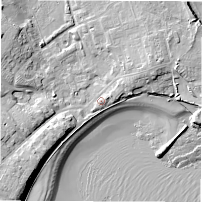 Shaded relief map of the ground around NE646AE, computed from Environment Agency LiDAR. The ground here sits at about 6 m above sea level and falls 16 m across the surrounding 800 m. Surface water reaching this point runs off ground lying to the south-west, 11.0 m higher.