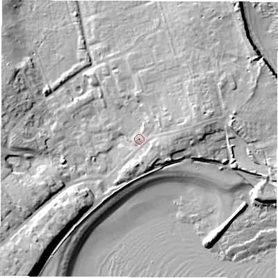 Shaded relief map of the ground around NE646AF, computed from Environment Agency LiDAR. The ground here sits at about 5 m above sea level and falls 16 m across the surrounding 800 m. Surface water reaching this point runs off ground lying to the east-north-east, 6.5 m higher.