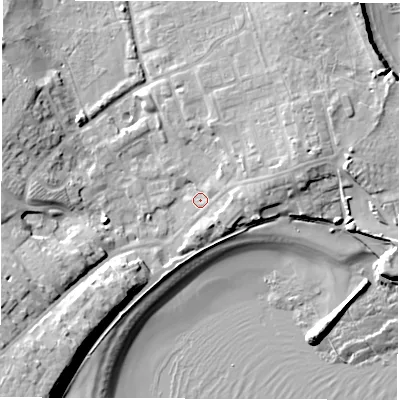Shaded relief map of the ground around NE646AJ, computed from Environment Agency LiDAR. The ground here sits at about 4 m above sea level and falls 16 m across the surrounding 800 m. Surface water reaching this point runs off ground lying to the south-west, 10.6 m higher.