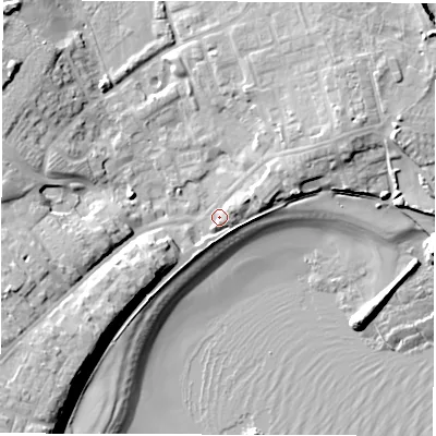 Shaded relief map of the ground around NE646AL, computed from Environment Agency LiDAR. The ground here sits at about 5 m above sea level and falls 17 m across the surrounding 800 m. Surface water reaching this point runs off ground lying to the west-south-west, 11.1 m higher.