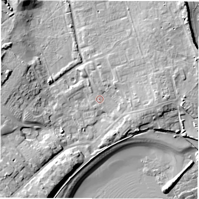 Shaded relief map of the ground around NE646AP, computed from Environment Agency LiDAR. The ground here sits at about 4 m above sea level and falls 17 m across the surrounding 800 m. Surface water reaching this point runs off ground lying to the south-west, 11.4 m higher.