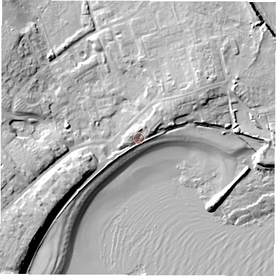 Shaded relief map of the ground around NE646AQ, computed from Environment Agency LiDAR. The ground here sits at about 5 m above sea level and falls 16 m across the surrounding 800 m. Surface water reaching this point runs off ground lying to the south-west, 10.9 m higher.