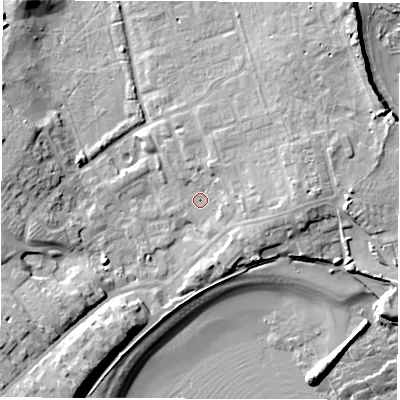 Shaded relief map of the ground around NE646AW, computed from Environment Agency LiDAR. The ground here sits at about 4 m above sea level and falls 16 m across the surrounding 800 m. Surface water reaching this point runs off ground lying to the south-west, 10.8 m higher.