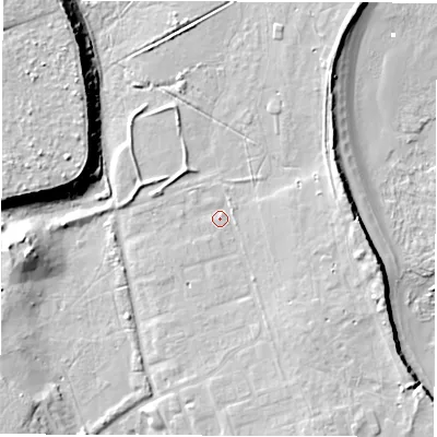 Shaded relief map of the ground around NE646BL, computed from Environment Agency LiDAR. The ground here sits at about 6 m above sea level and falls 19 m across the surrounding 800 m. Surface water reaching this point runs off ground lying to the south-south-east, 4.4 m higher.