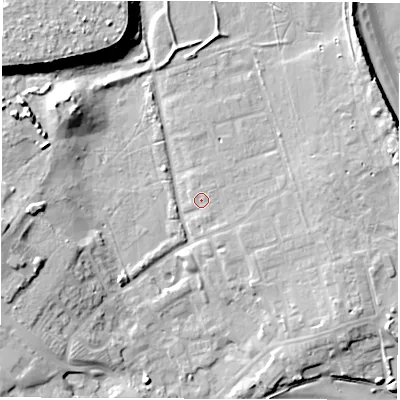 Shaded relief map of the ground around NE646BQ, computed from Environment Agency LiDAR. The ground here sits at about 6 m above sea level and falls 17 m across the surrounding 800 m. Surface water reaching this point runs off ground lying to the north-east, 1.3 m higher.