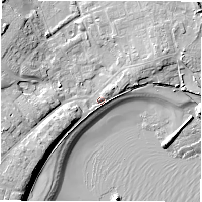 Shaded relief map of the ground around NE646DA, computed from Environment Agency LiDAR. The ground here sits at about 5 m above sea level and falls 17 m across the surrounding 800 m. Surface water reaching this point runs off ground lying to the west-south-west, 11.1 m higher.