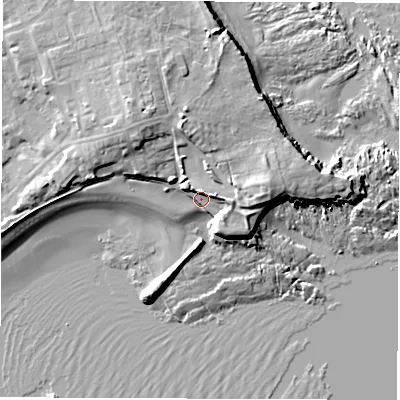 Shaded relief map of the ground around NE646DB, computed from Environment Agency LiDAR. The ground here sits at about 5 m above sea level and falls 13 m across the surrounding 800 m. Surface water reaching this point runs off ground lying to the east, 3.8 m higher.