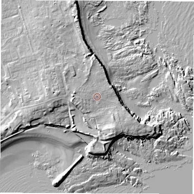 Shaded relief map of the ground around NE646DP, computed from Environment Agency LiDAR. The ground here sits at about 8 m above sea level and falls 13 m across the surrounding 800 m. Surface water reaching this point runs off ground lying to the west, 1.5 m higher.