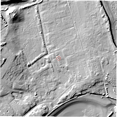 Shaded relief map of the ground around NE646DQ, computed from Environment Agency LiDAR. The ground here sits at about 7 m above sea level and falls 18 m across the surrounding 800 m. Surface water reaching this point runs off ground lying to the east-north-east, 1.9 m higher.