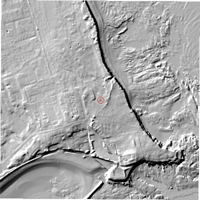 Shaded relief map of the ground around NE646DW, computed from Environment Agency LiDAR. The ground here sits at about 9 m above sea level and falls 13 m across the surrounding 800 m. Surface water reaching this point runs off ground lying to the west, 1.5 m higher.