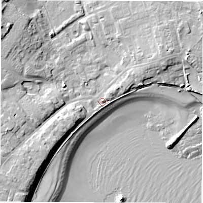 Shaded relief map of the ground around NE646EG, computed from Environment Agency LiDAR. The ground here sits at about 5 m above sea level and falls 17 m across the surrounding 800 m. Surface water reaching this point runs off ground lying to the west-south-west, 11.1 m higher.