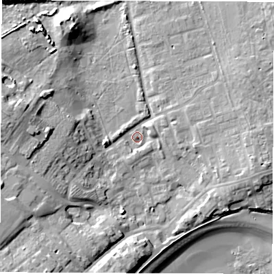 Shaded relief map of the ground around NE646EQ, computed from Environment Agency LiDAR. The ground here sits at about 4 m above sea level and falls 19 m across the surrounding 800 m. Surface water reaching this point runs off ground lying to the south-west, 2.4 m higher.