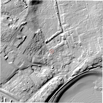 Shaded relief map of the ground around NE646HA, computed from Environment Agency LiDAR. The ground here sits at about 5 m above sea level and falls 19 m across the surrounding 800 m. Surface water reaching this point runs off ground lying to the west-north-west, 13.6 m higher.