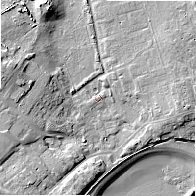 Shaded relief map of the ground around NE646HB, computed from Environment Agency LiDAR. The ground here sits at about 5 m above sea level and falls 19 m across the surrounding 800 m. Surface water reaching this point runs off ground lying to the west-north-west, 13.6 m higher.