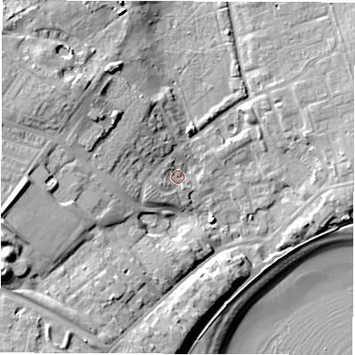 Shaded relief map of the ground around NE646HQ, computed from Environment Agency LiDAR. The ground here sits at about 6 m above sea level and falls 22 m across the surrounding 800 m. Surface water reaching this point runs off ground lying to the west-south-west, 5.8 m higher.