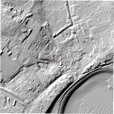 Shaded relief map of the ground around NE646LH, computed from Environment Agency LiDAR. The ground here sits at about 5 m above sea level and falls 19 m across the surrounding 800 m. Surface water reaching this point runs off ground lying to the west, 3.7 m higher.