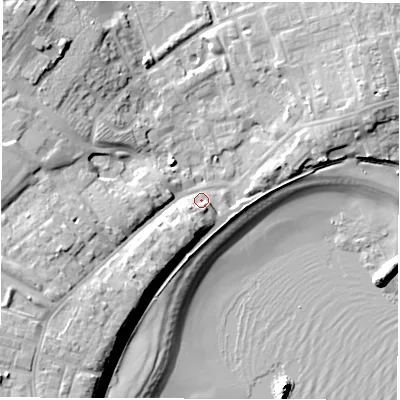 Shaded relief map of the ground around NE646NJ, computed from Environment Agency LiDAR. The ground here sits at about 5 m above sea level and falls 19 m across the surrounding 800 m. Surface water reaching this point runs off ground lying to the south-west, 12.0 m higher.