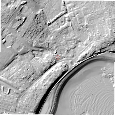 Shaded relief map of the ground around NE646PP, computed from Environment Agency LiDAR. The ground here sits at about 5 m above sea level and falls 19 m across the surrounding 800 m. Surface water reaching this point runs off ground lying to the west-south-west, 11.9 m higher.