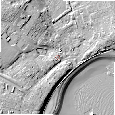 Shaded relief map of the ground around NE646PY, computed from Environment Agency LiDAR. The ground here sits at about 7 m above sea level and falls 19 m across the surrounding 800 m. Surface water reaching this point runs off ground lying to the south-west, 4.9 m higher.
