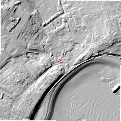 Shaded relief map of the ground around NE646QD, computed from Environment Agency LiDAR. The ground here sits at about 4 m above sea level and falls 19 m across the surrounding 800 m. Surface water reaching this point runs off ground lying to the south-west, 12.0 m higher.