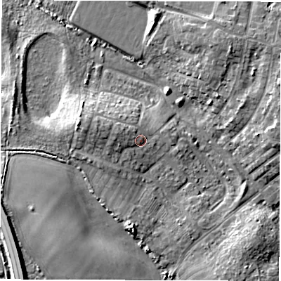 Shaded relief map of the ground around NE646TD, computed from Environment Agency LiDAR. The ground here sits at about 14 m above sea level and falls 11 m across the surrounding 800 m. Surface water reaching this point runs off ground lying to the west-north-west, 2.7 m higher.