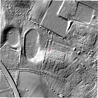 Shaded relief map of the ground around NE646TL, computed from Environment Agency LiDAR. The ground here sits at about 10 m above sea level and falls 9 m across the surrounding 800 m. Surface water reaching this point runs off ground lying to the south-south-west, 6.5 m higher.