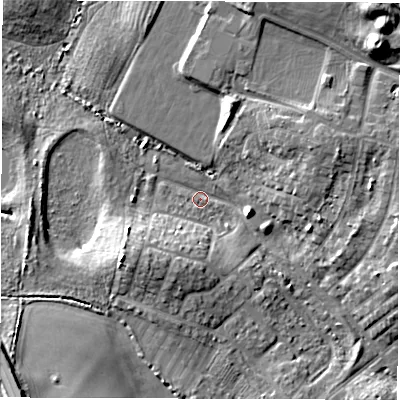 Shaded relief map of the ground around NE646TN, computed from Environment Agency LiDAR. The ground here sits at about 9 m above sea level and falls 12 m across the surrounding 800 m. Surface water reaching this point runs off ground lying to the south-west, 8.0 m higher.
