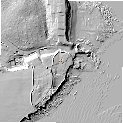 Shaded relief map of the ground around NE646XQ, computed from Environment Agency LiDAR. The ground here sits at about 8 m above sea level and falls 19 m across the surrounding 800 m. Surface water reaching this point runs off ground lying to the south-west, 9.5 m higher.