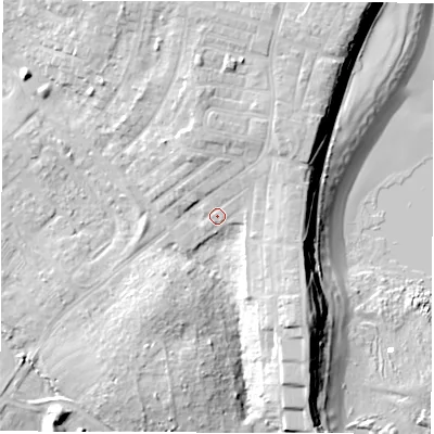 Shaded relief map of the ground around NE646XW, computed from Environment Agency LiDAR. The ground here sits at about 12 m above sea level and falls 19 m across the surrounding 800 m. Surface water reaching this point runs off ground lying to the north, 4.4 m higher.