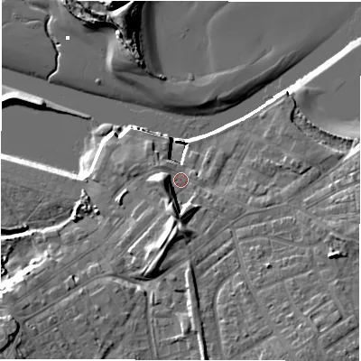 Shaded relief map of the ground around NE650AA, computed from Environment Agency LiDAR. The ground here sits at about 5 m above sea level and falls 16 m across the surrounding 800 m. Surface water reaching this point runs off ground lying to the south, 5.8 m higher.