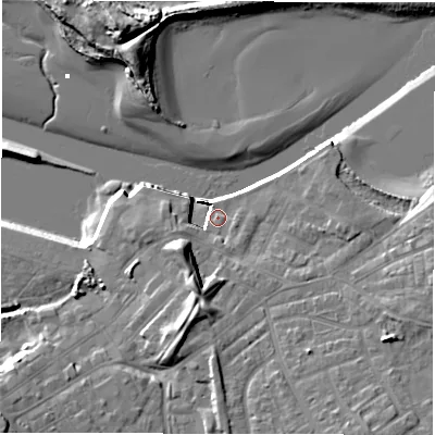 Shaded relief map of the ground around NE650AB, computed from Environment Agency LiDAR. The ground here sits at about 4 m above sea level and falls 15 m across the surrounding 800 m. Surface water reaching this point runs off ground lying to the south-west, 12.2 m higher.