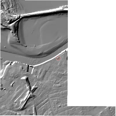 Shaded relief map of the ground around NE650AP, computed from Environment Agency LiDAR. The ground here sits at about 5 m above sea level and falls 15 m across the surrounding 800 m. Surface water reaching this point runs off ground lying to the south-south-west, 11.8 m higher.