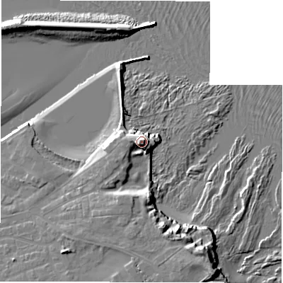 Shaded relief map of the ground around NE650AX, computed from Environment Agency LiDAR. The ground here sits at about 13 m above sea level and falls 17 m across the surrounding 800 m. Surface water reaching this point runs off ground lying to the west-north-west, 8.9 m higher.