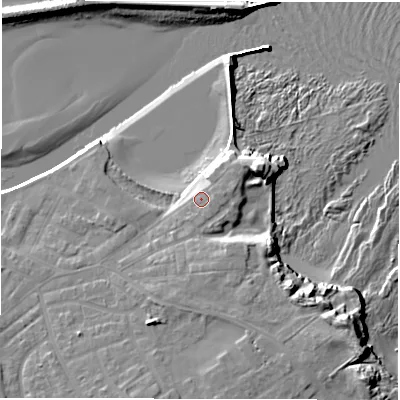 Shaded relief map of the ground around NE650AZ, computed from Environment Agency LiDAR. The ground here sits at about 7 m above sea level and falls 17 m across the surrounding 800 m. Surface water reaching this point runs off ground lying to the east-north-east, 3.2 m higher.