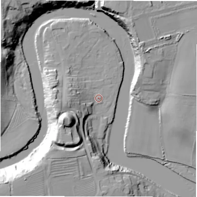 Shaded relief map of the ground around NE650BF, computed from Environment Agency LiDAR. The ground here sits at about 4 m above sea level and falls 29 m across the surrounding 800 m. Surface water reaching this point runs off ground lying to the south-west, 26.5 m higher.