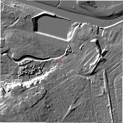 Shaded relief map of the ground around NE650DH, computed from Environment Agency LiDAR. The ground here sits at about 5 m above sea level and falls 19 m across the surrounding 800 m. Surface water reaching this point runs off ground lying to the south-west, 6.0 m higher.