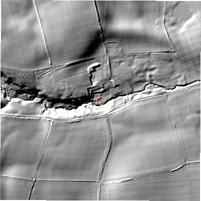 Shaded relief map of the ground around NE650EZ, computed from Environment Agency LiDAR. The ground here sits at about 59 m above sea level and falls 30 m across the surrounding 800 m. Surface water reaching this point runs off ground lying to the west-south-west, 23.5 m higher.