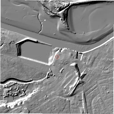 Shaded relief map of the ground around NE650FB, computed from Environment Agency LiDAR. The ground here sits at about 5 m above sea level and falls 17 m across the surrounding 800 m. Surface water reaching this point runs off ground lying to the south-east, 1.3 m higher.
